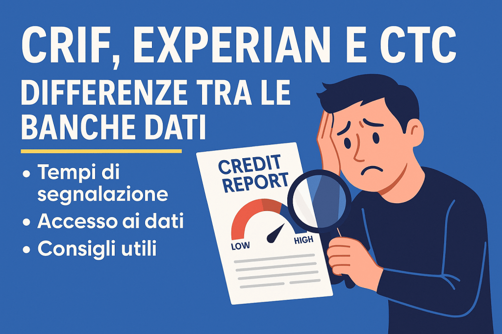 Illustrazione stilizzata che rappresenta il confronto tra CRIF, Experian e CTC, le principali banche dati creditizie in Italia