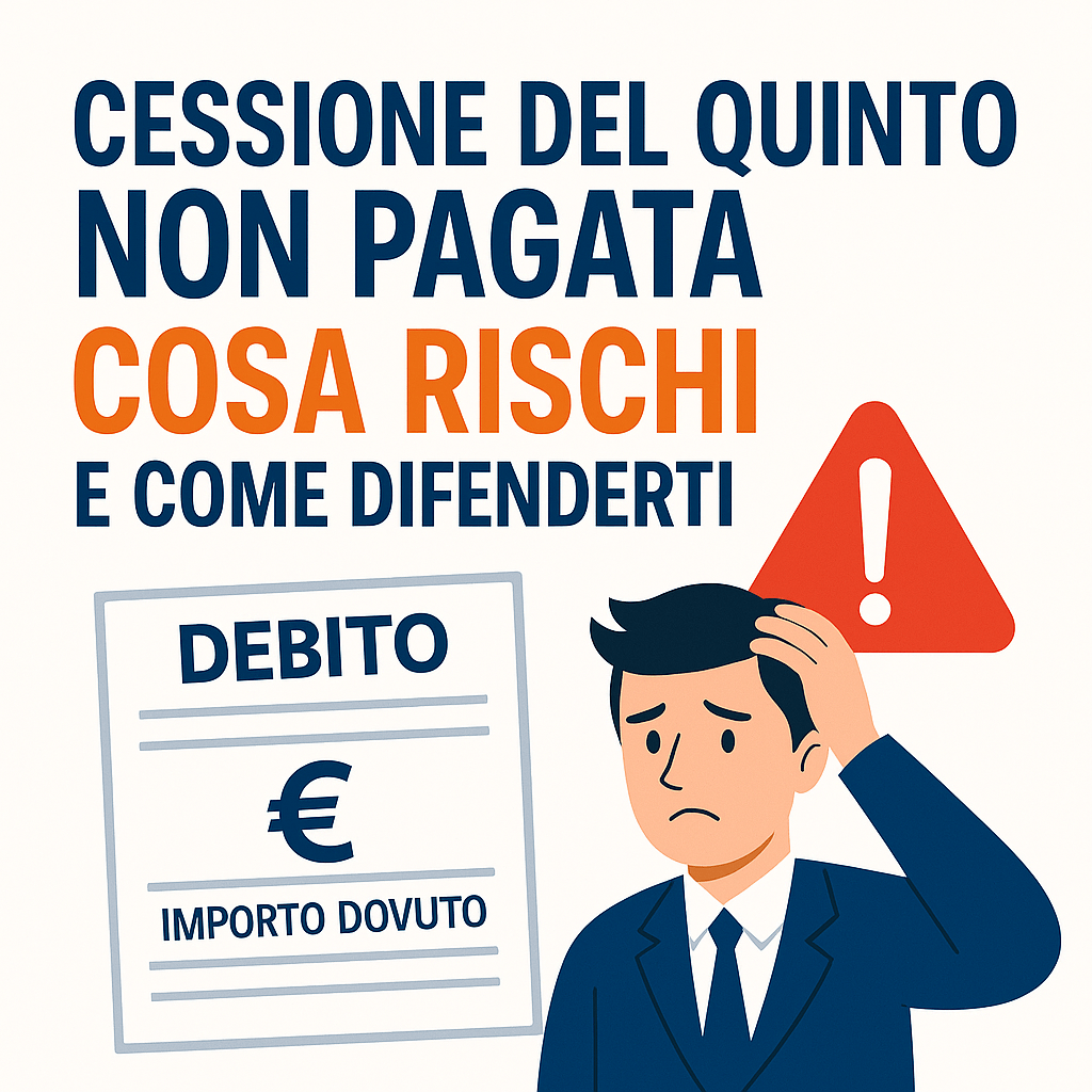 Infografica in italiano che illustra cosa accade se non si paga la cessione del quinto, con icone di busta paga, segnalazioni e pignoramento