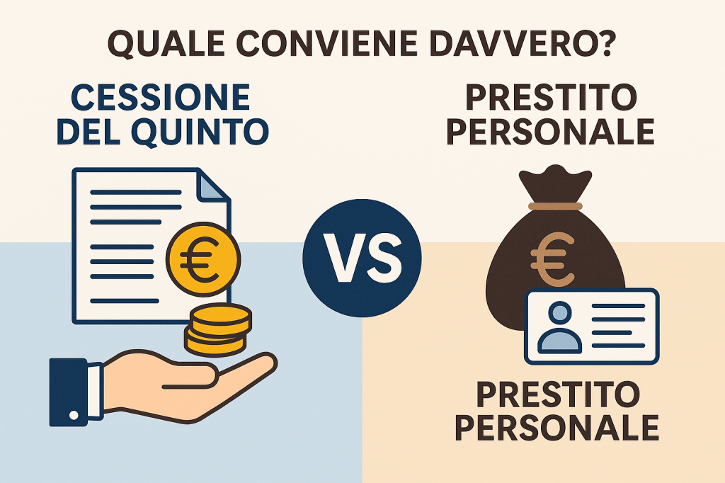 Infografica comparativa tra cessione del quinto e prestito personale con la domanda "Quale conviene davvero?"