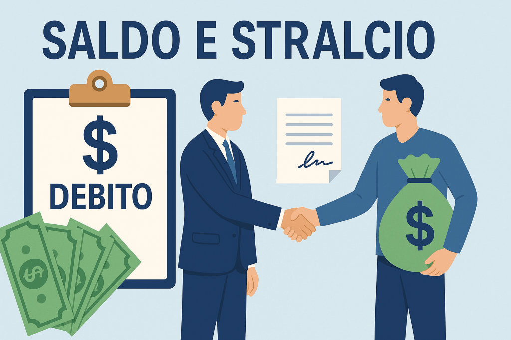 Due uomini si stringono la mano davanti a un documento firmato con la scritta “Saldo e Stralcio”, simbolo di un accordo per ridurre e chiudere i debiti.