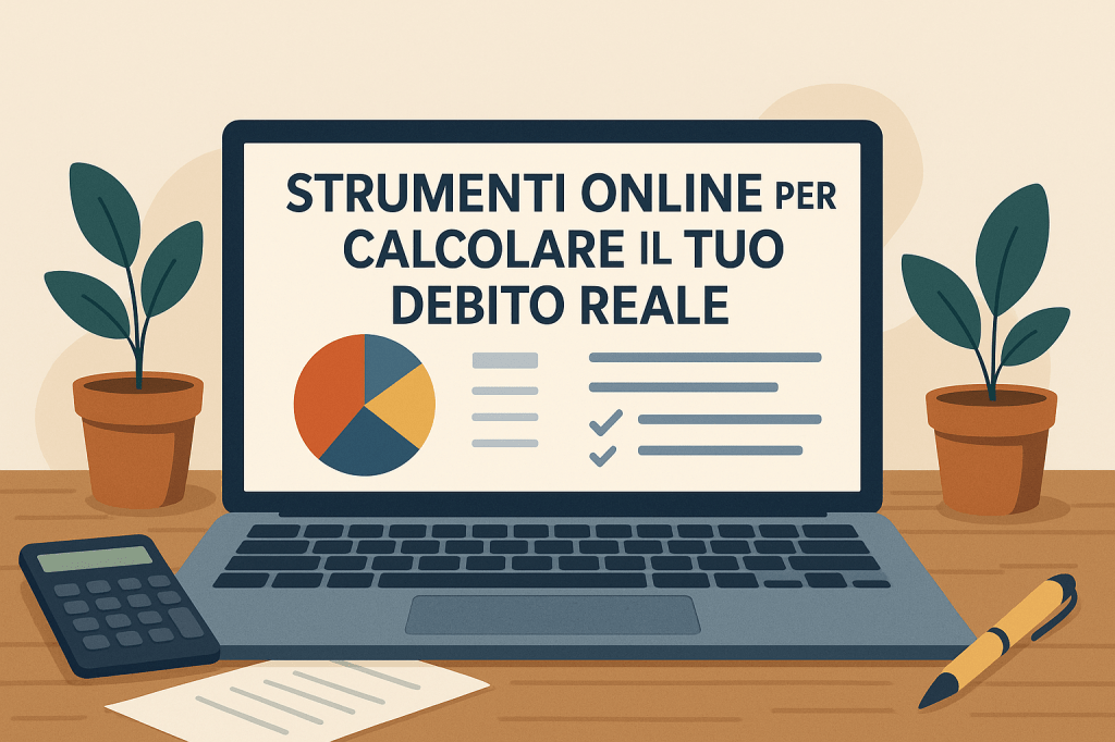 Illustrazione di un computer portatile con grafici e checklist accanto a una calcolatrice, simbolo dei migliori strumenti online per calcolare il debito reale.