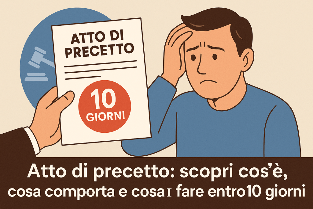 Illustrazione di un uomo preoccupato che riceve un documento legale con la scritta “Atto di Precetto” e un grande numero “10 giorni”, simbolo del tempo limite per agire.
