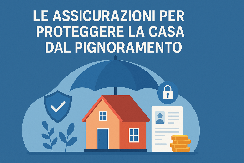 : Illustrazione di una casa protetta da un grande ombrello blu, simbolo delle assicurazioni che difendono l’abitazione dal pignoramento.