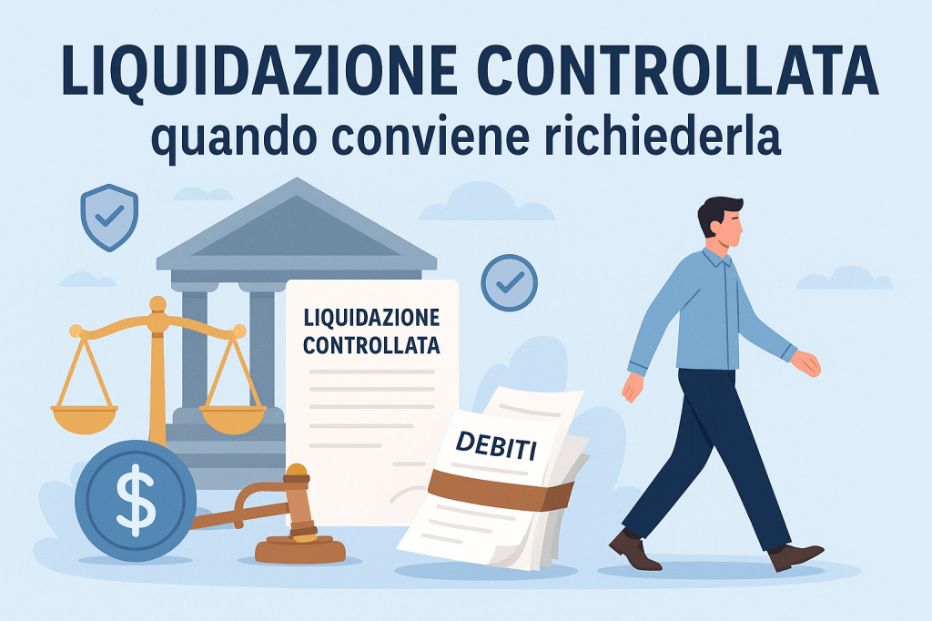 Illustrazione di una bilancia della giustizia accanto a un documento legale con la scritta “Liquidazione Controllata”, simbolo della procedura per liberarsi dai debiti.
