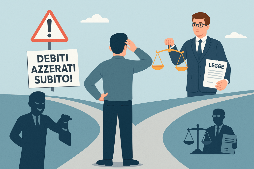 Illustrazione di un uomo incerto davanti a due strade: da un lato un truffatore con cartello “Debiti azzerati subito!”, dall’altro un avvocato con bilancia della giustizia, simbolo della scelta tra truffa e soluzioni legali reali.