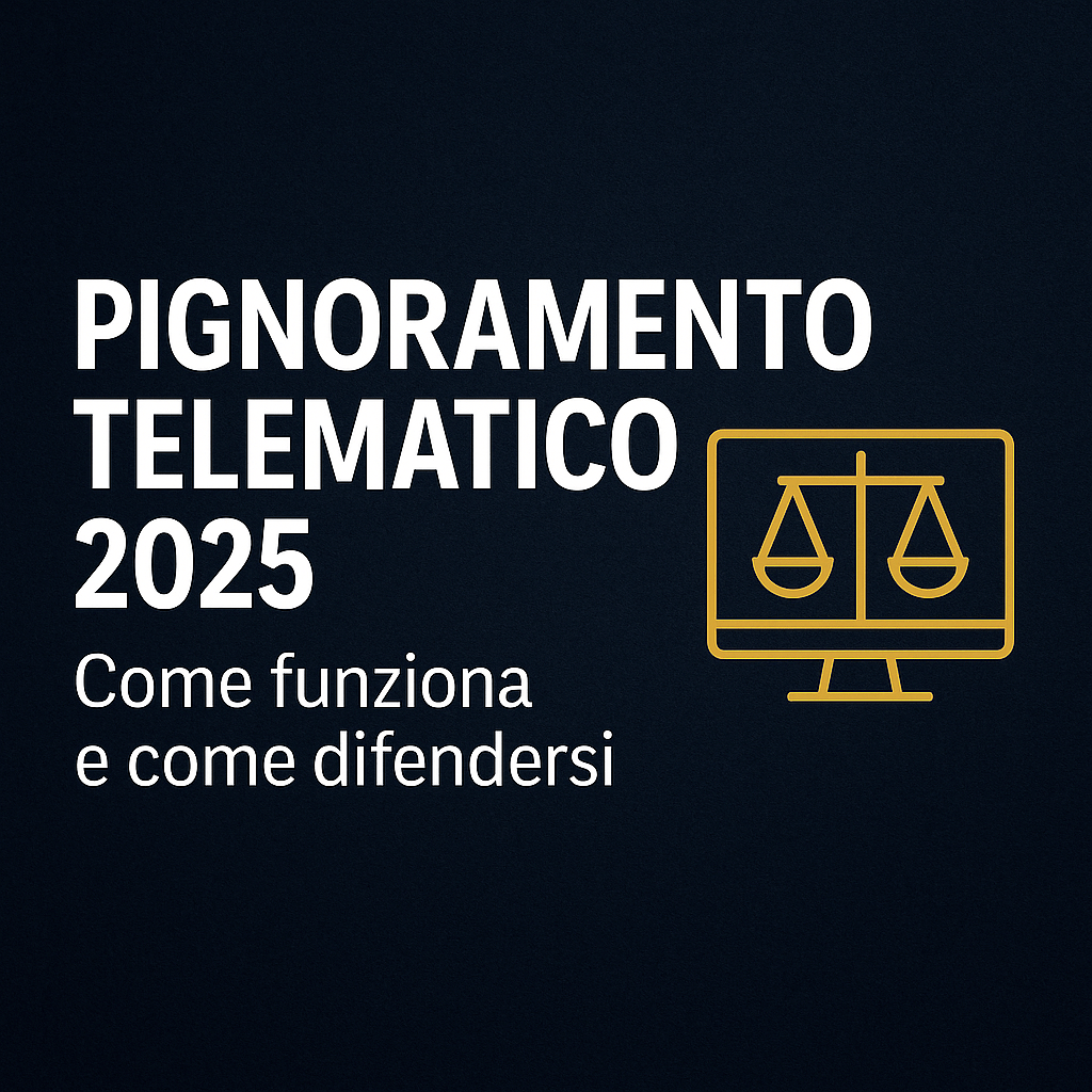 Schermo digitale con bilancia di giustizia e testo "Pignoramento telematico 2025: come funziona e come difendersi"