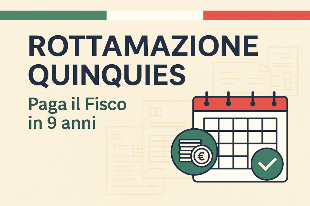 Grafica moderna con timeline di nove anni, icone di denaro e la scritta “Rottamazione Quinquies: paga il Fisco in 9 anni”.