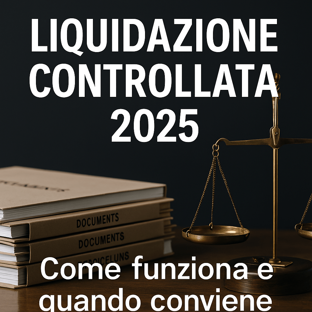 Immagine con bilancia e fascicoli giudiziari, testo “Liquidazione controllata 2025 – Come funziona e quando conviene”