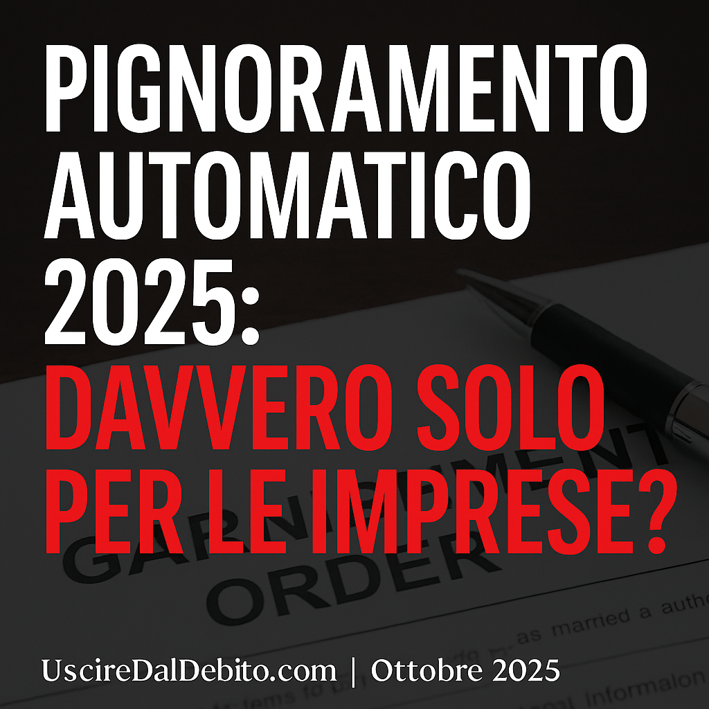 Immagine editoriale sul pignoramento automatico 2025: scrivania legale con documenti, bilancia della giustizia e testo in sovrimpressione “Davvero solo per le imprese?”.