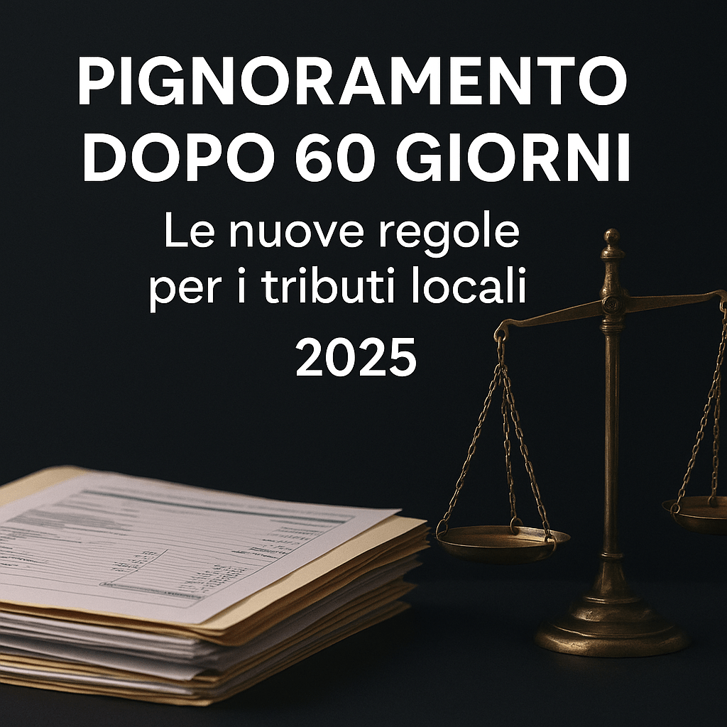 Immagine con bilancia e documenti fiscali, testo “Pignoramento dopo 60 giorni – Le nuove regole 2025”