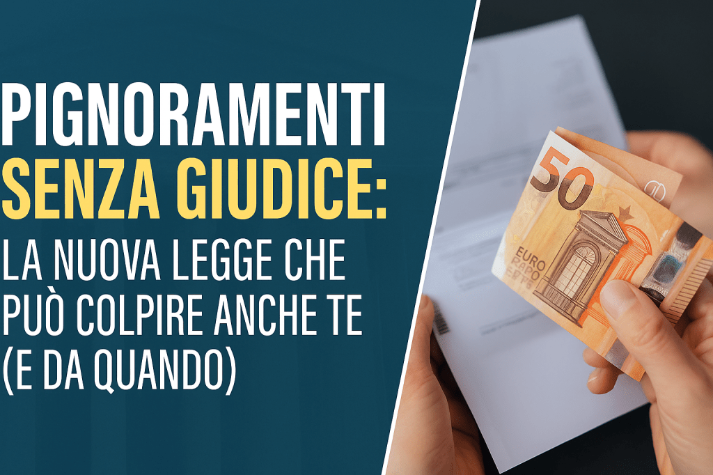 Immagine editoriale con scritta “Pignoramenti senza giudice”, bilancia e martelletto su sfondo antracite – proposta di legge DDL 978/2025 sul pignoramento automatico.